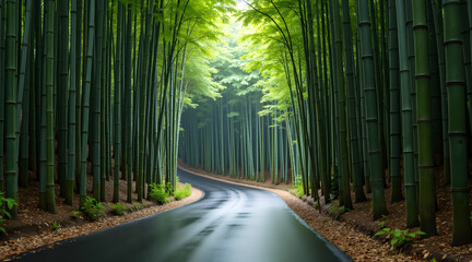 Fototapeta premium A winding road leads through a dense bamboo forest in Japan, glistening with rain, surrounded by tall green stalks and lush vegetation, creating a serene atmosphere