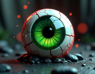 Surreal Giant Eyeball with Vivid Green Iris – Realistic Eye with Red Veins on Textured Surface, Surrounded by Small Stones, Mysterious Atmosphere with Soft Red Bokeh Lights