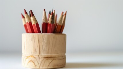 A wooden container with neatly arranged sharpened red pencils standing to the right of the table