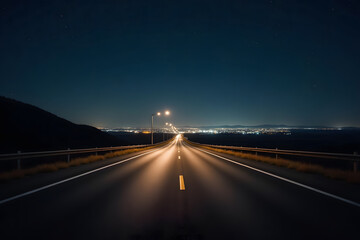 A desolate highway stretches toward a distant city skyline at night illuminated by streetlights creating a calm and mysterious atmosphere