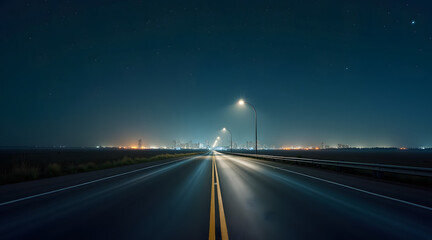 A desolate highway stretches under a starry night sky toward a distant city skyline illuminated by faint streetlights