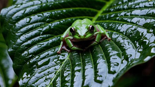 A green tree frog rests on large shiny leaf covered in droplets of water, lush environment. Litoria caerulea, amphibian