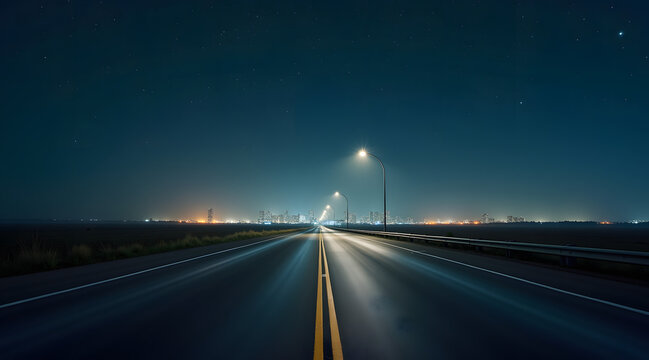 A desolate highway stretches under a starry night sky toward a distant city skyline illuminated by faint streetlights