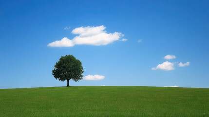 Obraz premium A solitary tree on a green hill under a clear blue sky with a few clouds.