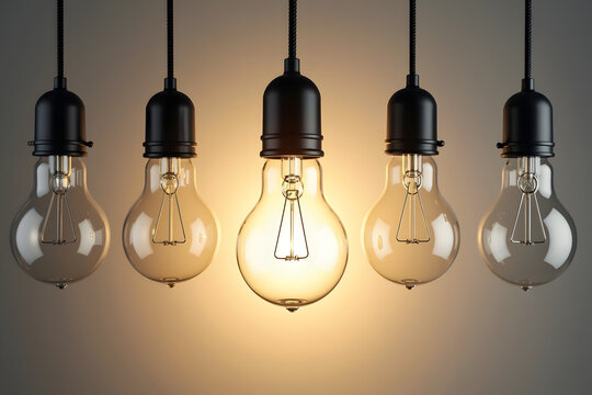 A row of unlit light bulbs hangs from the ceiling, with one bulb glowing brightly, symbolizing uniqueness and the spotlight in a dark setting - Powered by Adobe