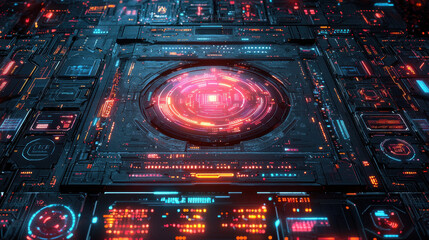 Obraz premium Futuristic technology circuit board with glowing red and blue lights, showcasing intricate digital patterns and central circular element