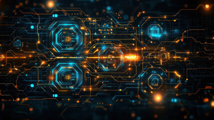 Obraz premium Futuristic technology pattern with glowing blue and orange circuit design, showcasing digital interface. intricate geometric shapes and lines create high tech, cybernetic feel