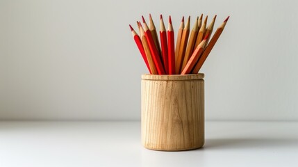 A wooden container with neatly arranged sharpened red pencils standing to the right of the table