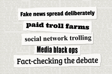 Fake news, online trolling and fact checking - modern media discourse issues. News headlines from newspapers.
