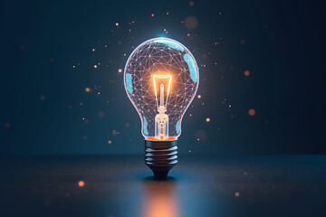 A digital wireframe light bulb with glowing lines floats above a reflective surface, creating a modern, futuristic ambiance with a dark background
