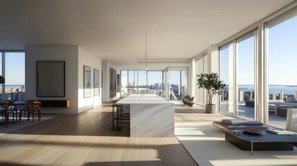Fototapeta premium Spacious modern apartment interior showcasing a beautiful city view