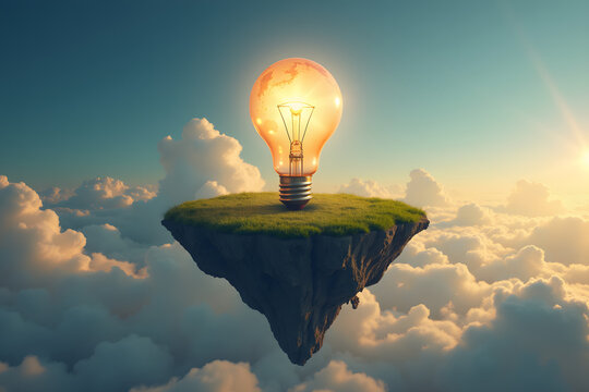 A floating island in the sky features a giant glowing light bulb as its central element surrounded by fluffy clouds and a serene blue sky