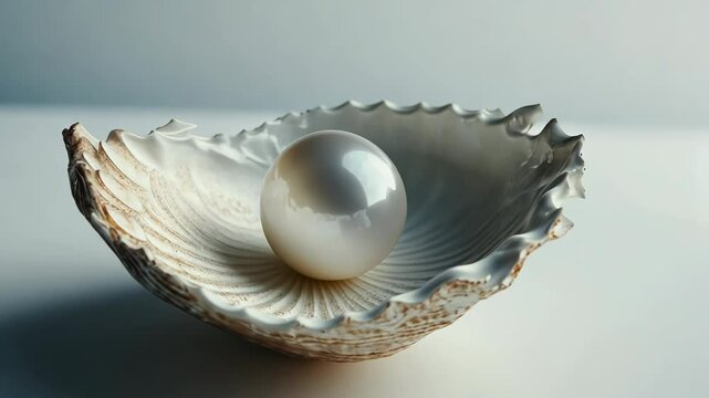 Delicate shell cradling a lustrous pearl in soft lighting creating an elegant still life composition