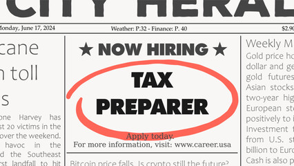 Tax preparer - job offer. Newspaper classified ad career opportunity. Hiring new employees.