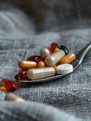 A spoonful of various dietary supplements and vitamins on a textured surface.