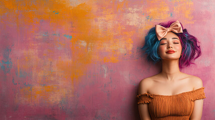 vibrant portrait of woman with colorful hair and bow, expressing joy against textured background