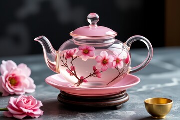 Elegant Pink Glass Teapot with Floral Design Blooming Tea Infusion and Saucer