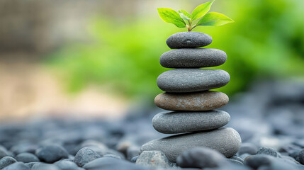 A stack of smooth stones with a small green leaf, symbolizing balance and tranquility.