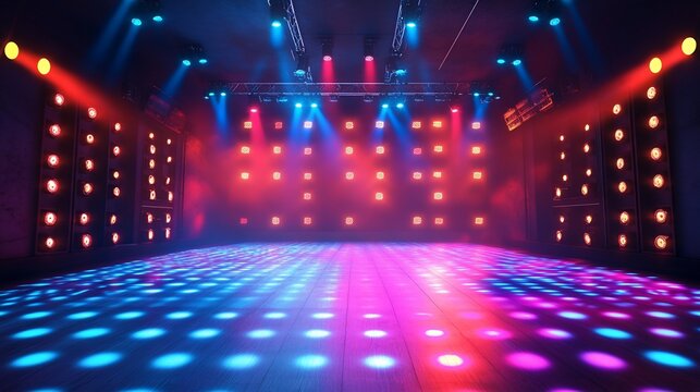 Illuminated dance floor, stage lights, nightclub, empty, event