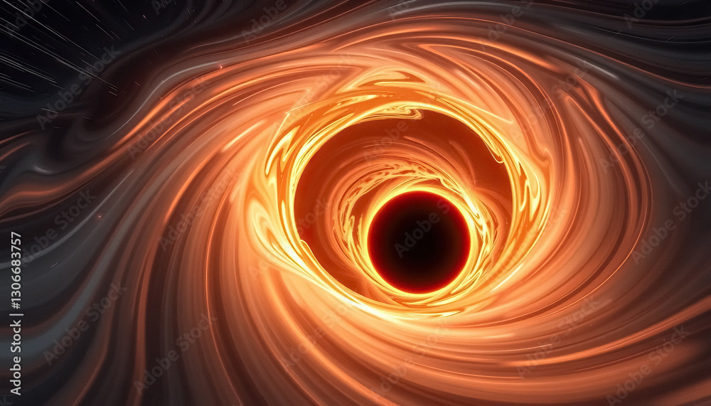 Poster Abstract visualization of black hole and event horizon with swirling fiery light patterns