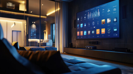 Fototapeta na wymiar modern living room with large smart TV displaying various apps and data, creating sleek and futuristic ambiance. room is dimly lit, enhancing screen vibrant display