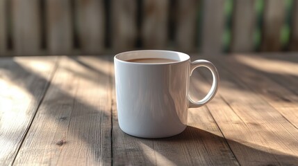 A white mug of a warm beverage on a wooden table