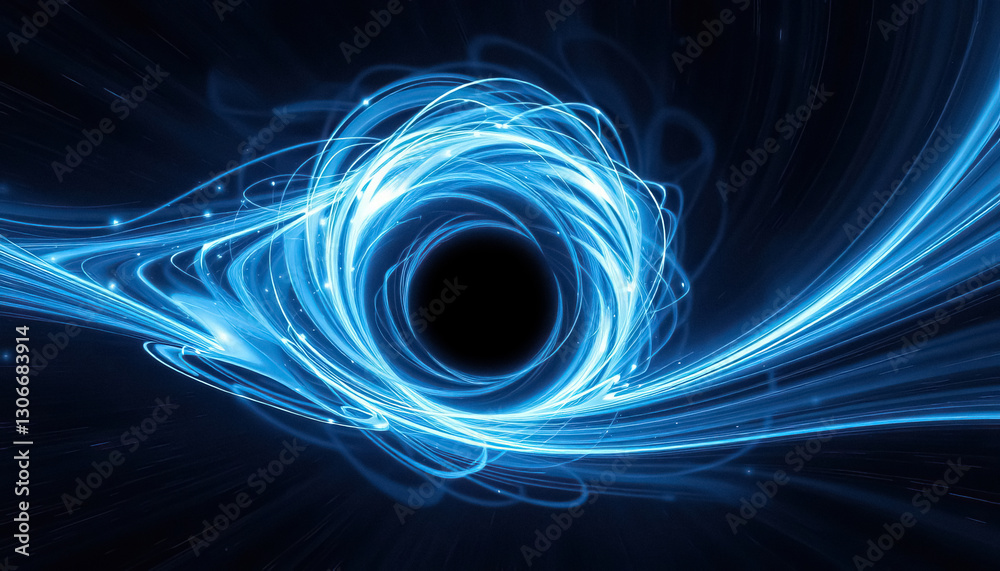 Poster abstract visualization of vortex with bright blue energy swirls around central dark void