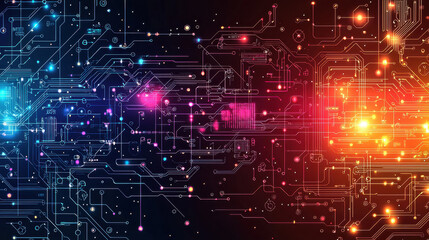 Vibrant seamless patterns with technology circuits and glowing lights create futuristic digital landscape. intricate design features colorful lines and nodes, symbolizing connectivity and