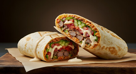 Delicious grilled chicken burrito with fresh vegetables and creamy sauce on transparent background