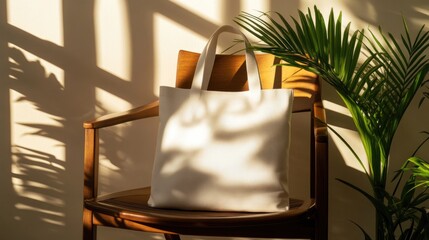 A white tote bag sitting on a wooden chair beside plants