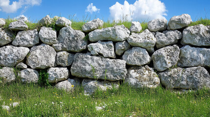 A stone wall made of irregularly shaped stones with grass and blue sky in the background.