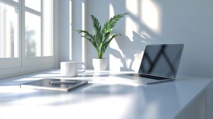 Minimalist workspace with white desk, potted plant, laptop, and coffee cup, modern and clean, ultra-detailed, 4k
