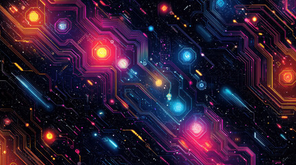 Futuristic seamless patterns with abstract techno design featuring vibrant neon colors and circuit like elements, creating dynamic and energetic visual effect