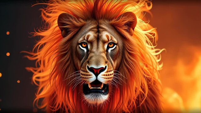 Powerful Lion Roaring with Fiery Mane and Intense Orange Eyes Against a Blazing Background