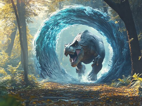 Tyrannosaurus Rex Emerging From Water Portal in Prehistoric Forest - Powered by Adobe