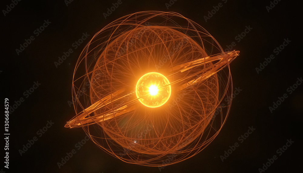 Poster Glowing orb surrounded by orange geometric patterns against dark backdrop reminiscent of space