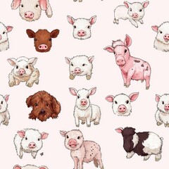 Fototapeta premium Seamless animal pattern wallpaper for decoration farm theme background cute piglets and calves playful design