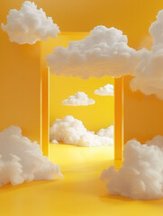 A surreal scene featuring fluffy clouds in a bright yellow room with an open doorway.