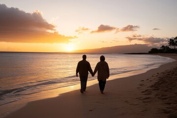 Fototapeta premium A couple, equipped with backpacks, stands on the beach watching the sunset in wonder, embodying a spirit of adventure and connection with nature and each other by the seaside.
