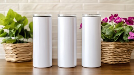 Three white insulated tumblers placed with potted plants on a surface