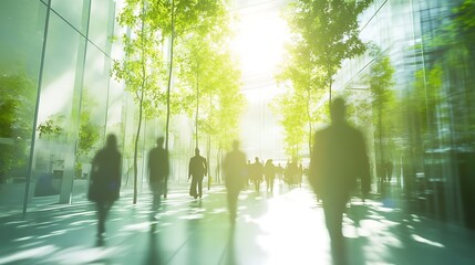 eco conscious business environment with blurred office background green trees sunlight and walking people highlighting sustainable modern workplace design