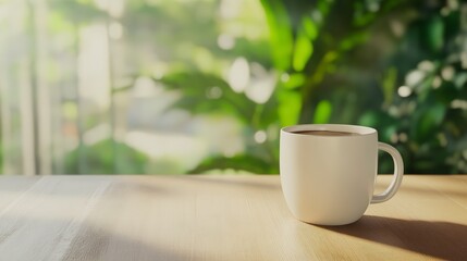 White Coffee Mug On Wooden Table In Sunlit Room