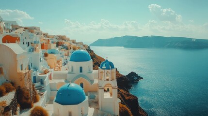 Obraz premium Breathtaking view of santorini's iconic whitewashed buildings overlooking the aegean sea