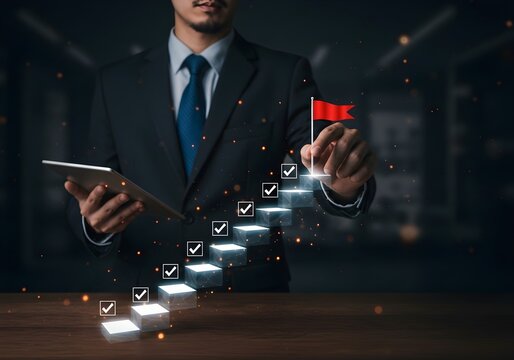 Businessman achieving goals with digital checklist and red flag.
