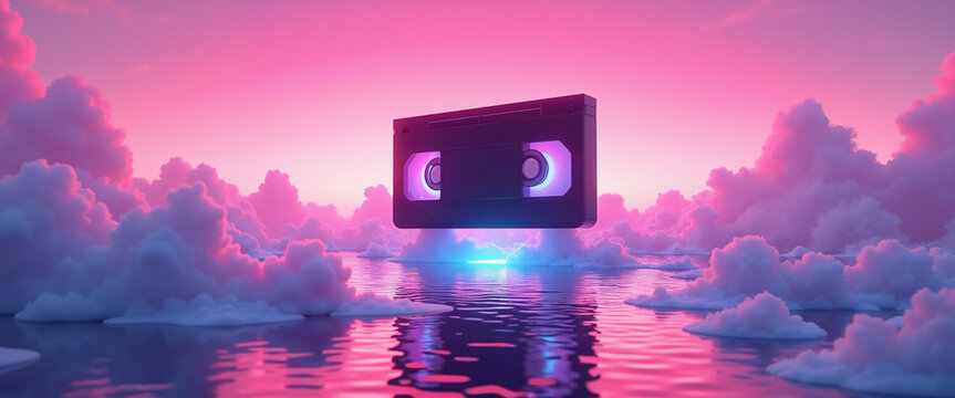 Retro VHS Tape Surrounded by Clouds and Water - Powered by Adobe