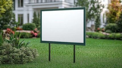 Fototapeta premium A blank sign stands in a lush green grassy garden