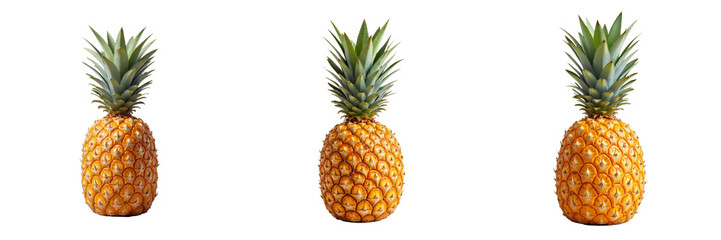 Three Ripe Pineapples Arranged in a Row Displaying Spiky Green Tops and Golden-Yellow Skin