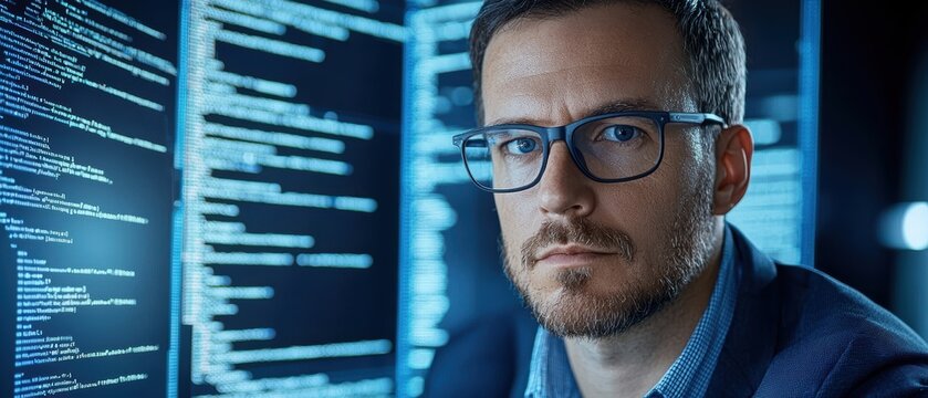 A focused man with glasses looks intently at computer code displayed on multiple screens, embodying the world of programming and technology.