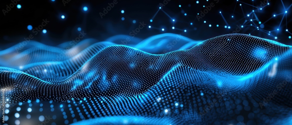 Fototapete a captivating digital landscape featuring waves of blue light and particles, evoking a sense of dept