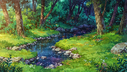 Obraz premium anime style background, forest with fireflies